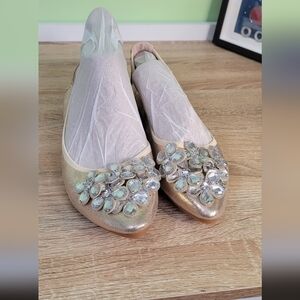 Gold Embellished Women's Packable Flats New 9 Jeweled Formal Ballet